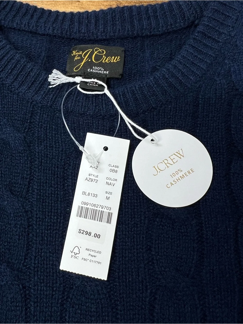 J. Crew Cashmere cable-knit sweater in Navy Blue Size Medium NWT